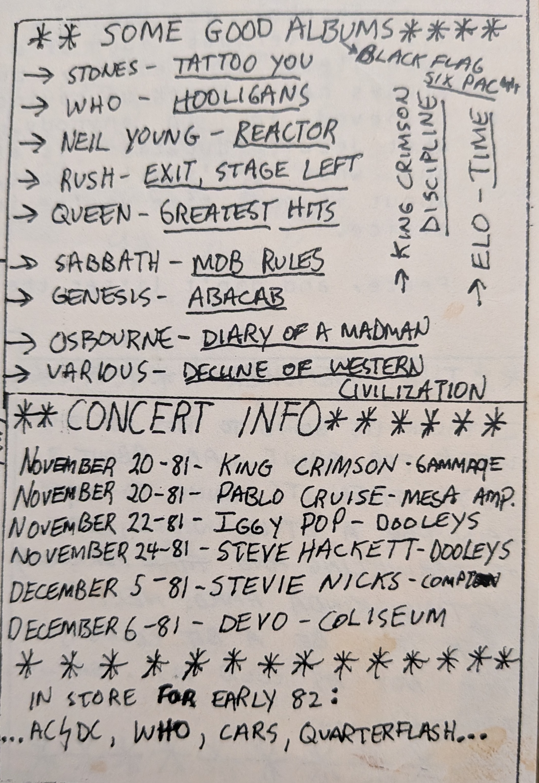 Good albums and concert info.
